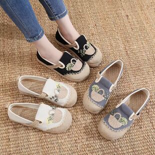 亚麻舒适简约一脚蹬透气渔夫鞋 春夏新款 女鞋 低帮绣花鞋 老北京布鞋