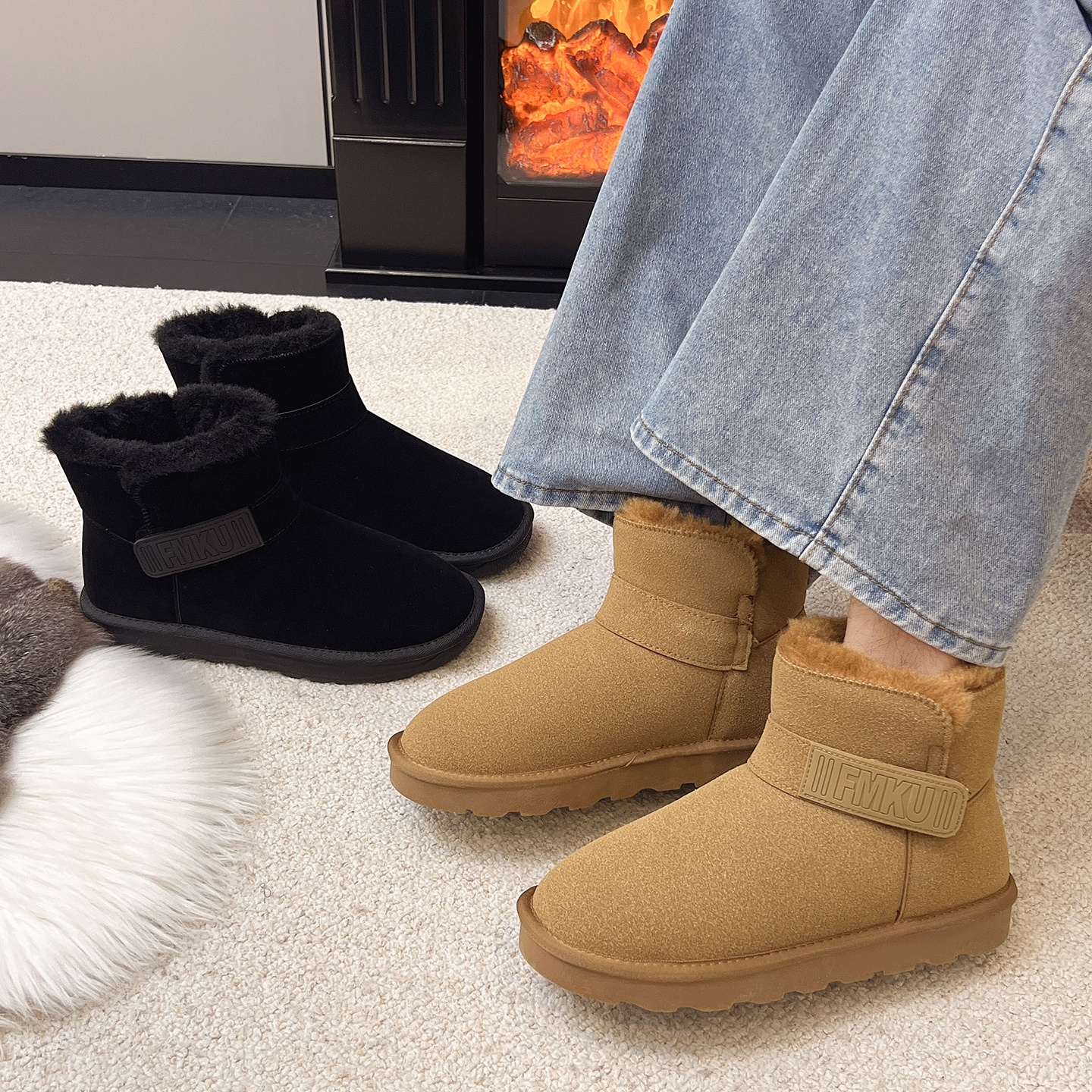 冬季男款雪地棉2025新款时尚休闲中跟厚底侧拉链圆头男款百搭棉靴