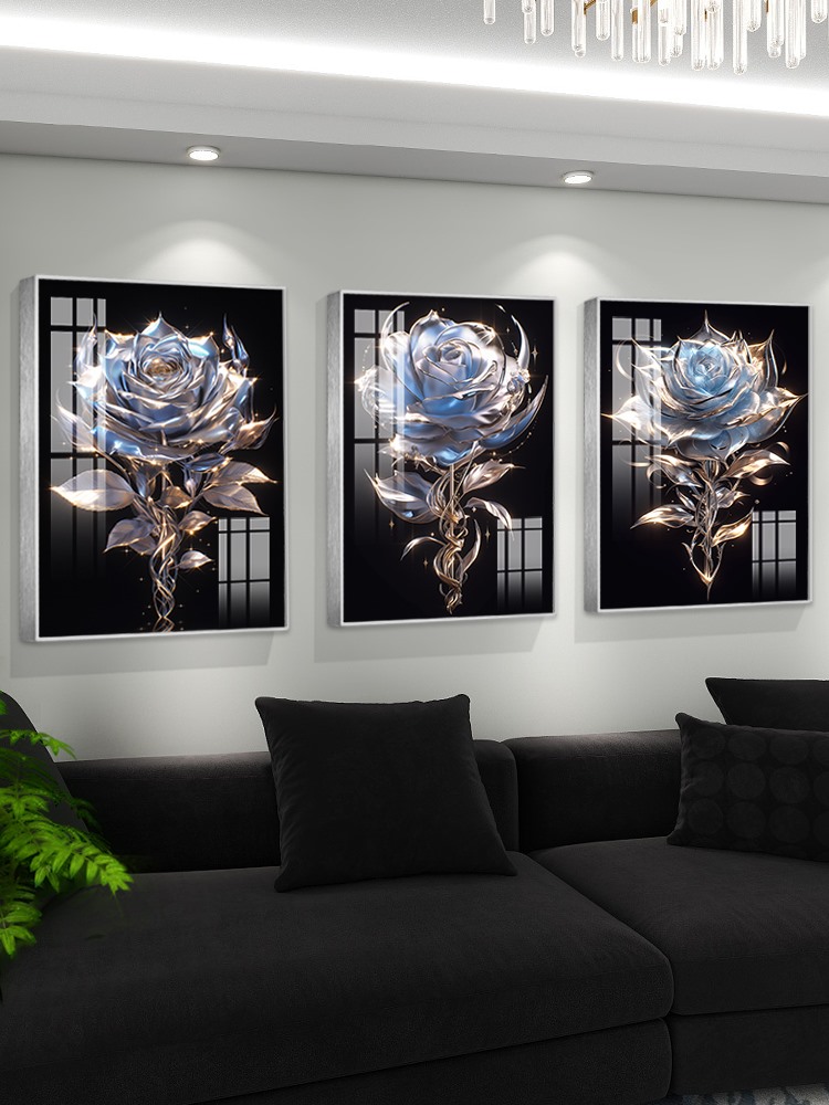 轻奢高端客厅三联装饰画网红新沙发背景墙软装壁画玫瑰艺术绘画
