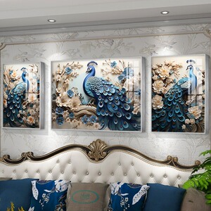 高档欧式客厅沙发背景墙装饰画 画富贵孔雀大气三联组合挂画 画艺