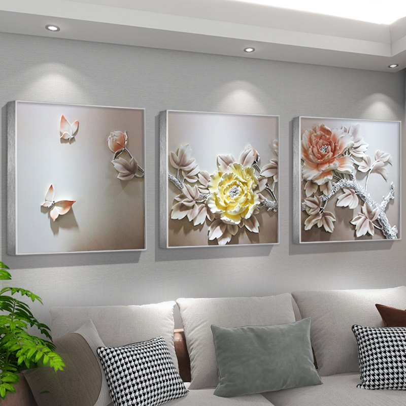 现代简约客厅装饰画沙发背景墙挂画高级感3D立体浮雕壁画吉祥牡丹图片