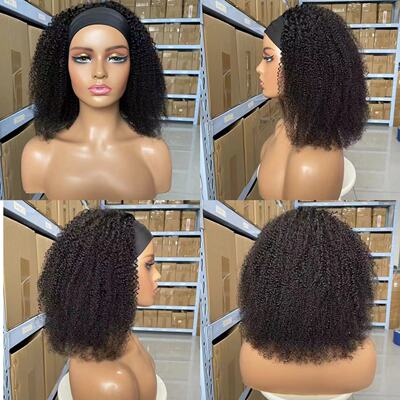 Human Hair Afro Kinky Curly Wigs 真人发冰丝发带假发绑带头套