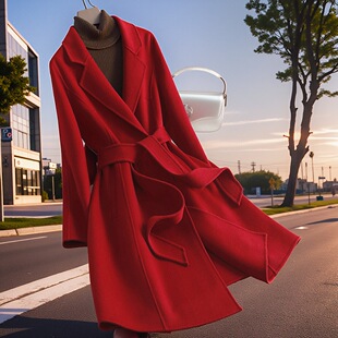 秋冬新款中长款红色双面羊绒大衣女赫本风小个子收腰羊毛毛呢外套