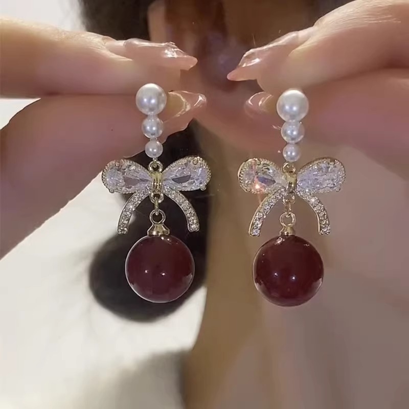 蝴蝶结红色珍珠耳环高级银针耳钉