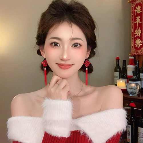 红色中国结耳环复古新年流苏耳钉