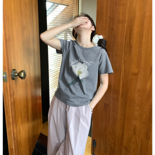 t恤女上衣夏季 女装 Yoe短袖 新款 小个子显瘦内搭 修身 正肩灰色短款