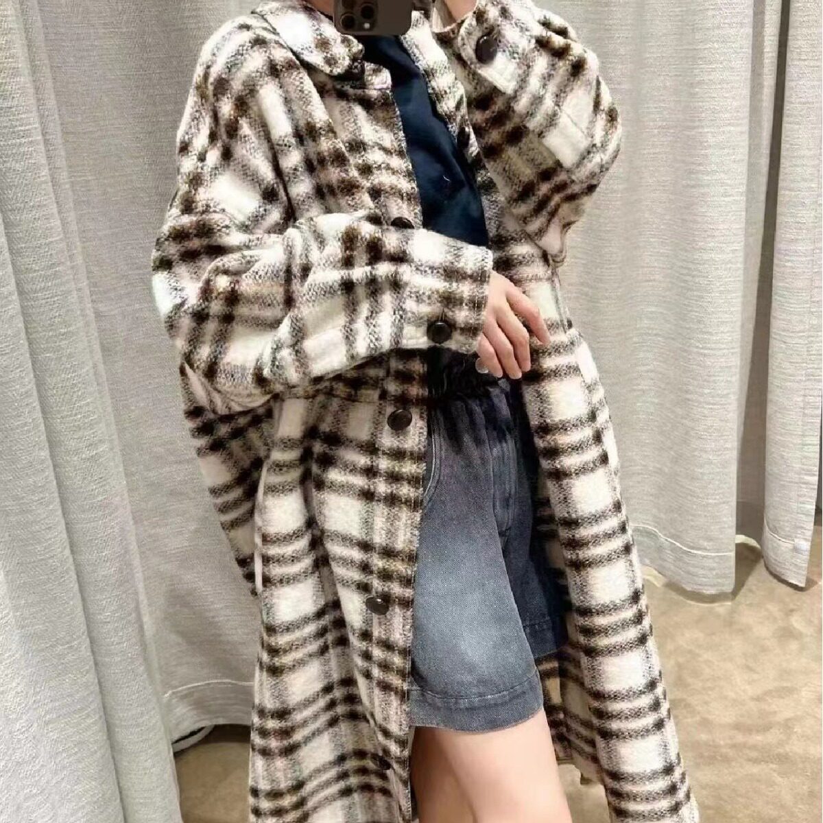2024秋冬新款羊毛经典复古格纹衬衫外套翻领长款宽松大衣外套女