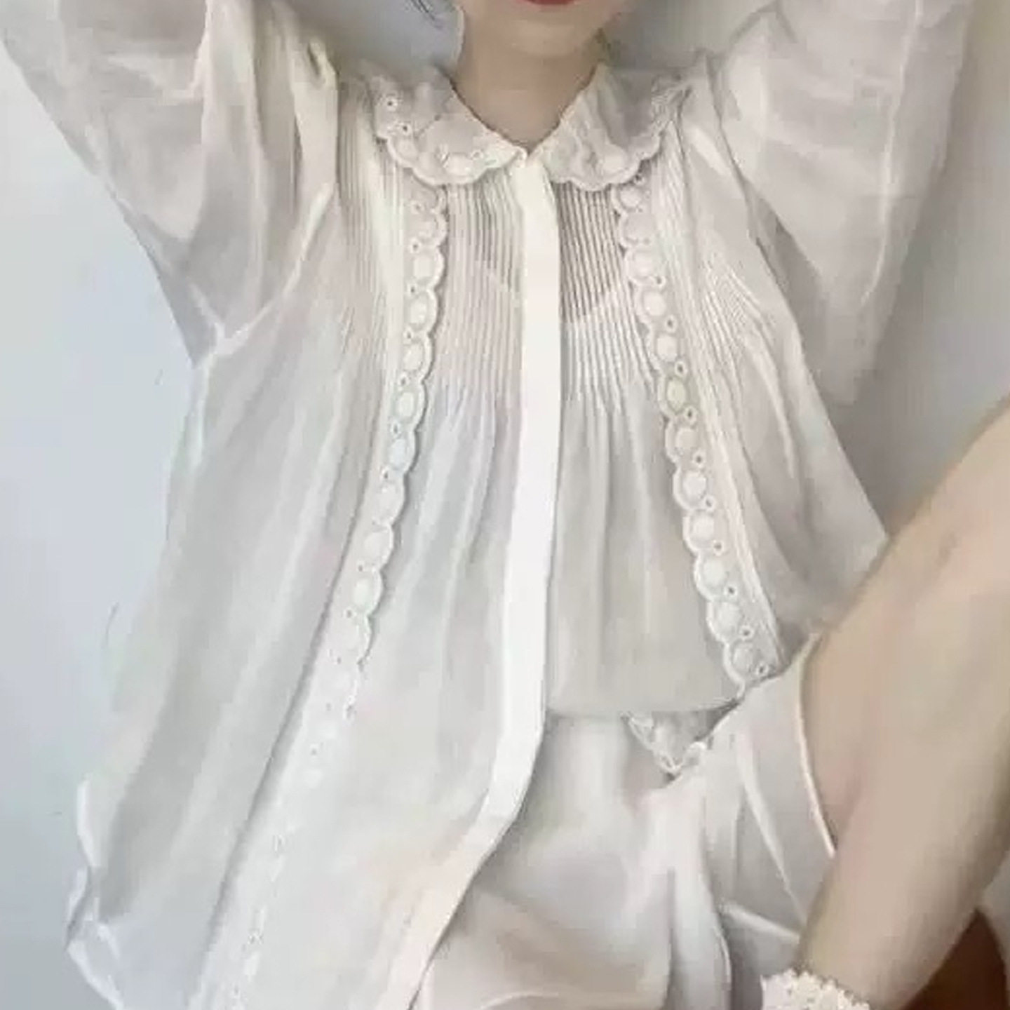 maSande法式上衣女夏高级感苎麻刺绣花边娃娃领可爱甜美宽松衬衫