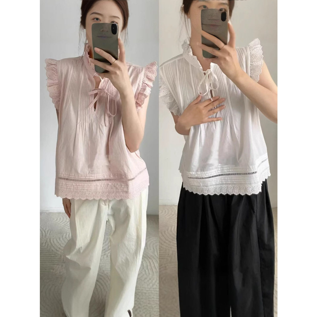 甜美蕾丝花边拼接小飞袖系带娃娃衫上衣韩版女宽松衬衫法式上衣