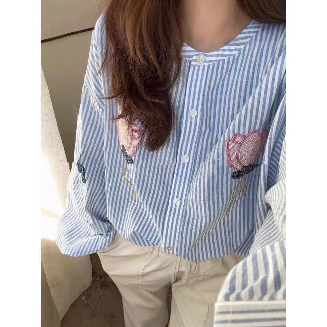 法式条纹衬衫女2025春夏新款印花花卉珠绣上衣休闲百搭泡泡袖衬衫