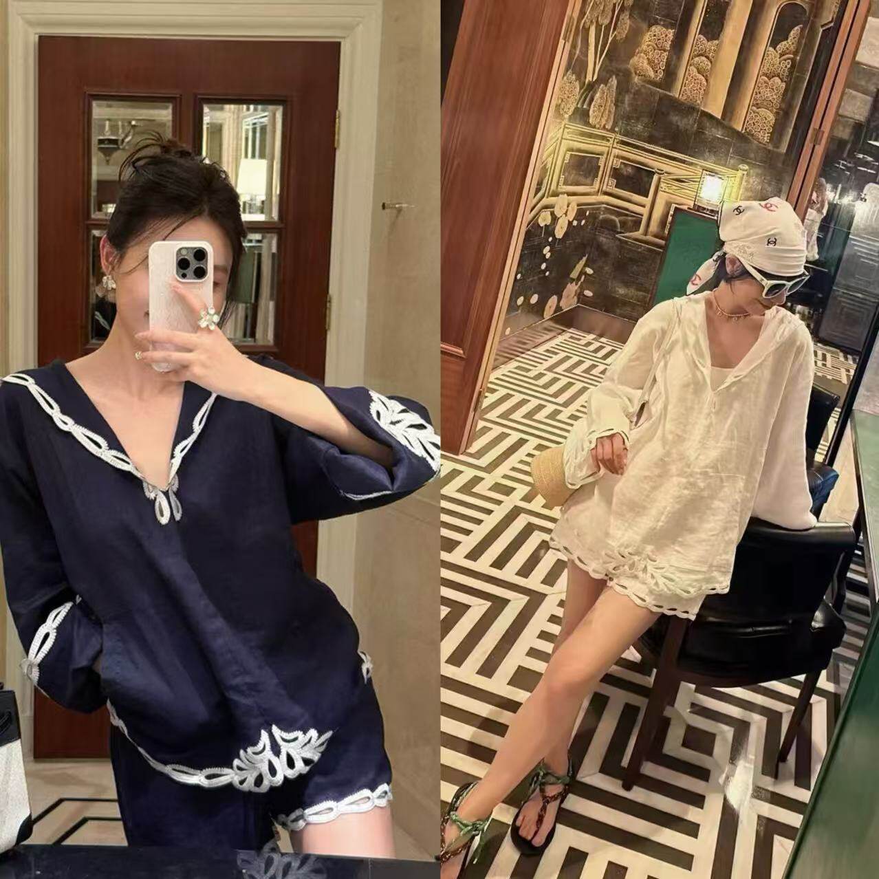 法式小众25秋冬新款度假风镂空刺绣宽松连帽衬衫+松紧腰短裤套装