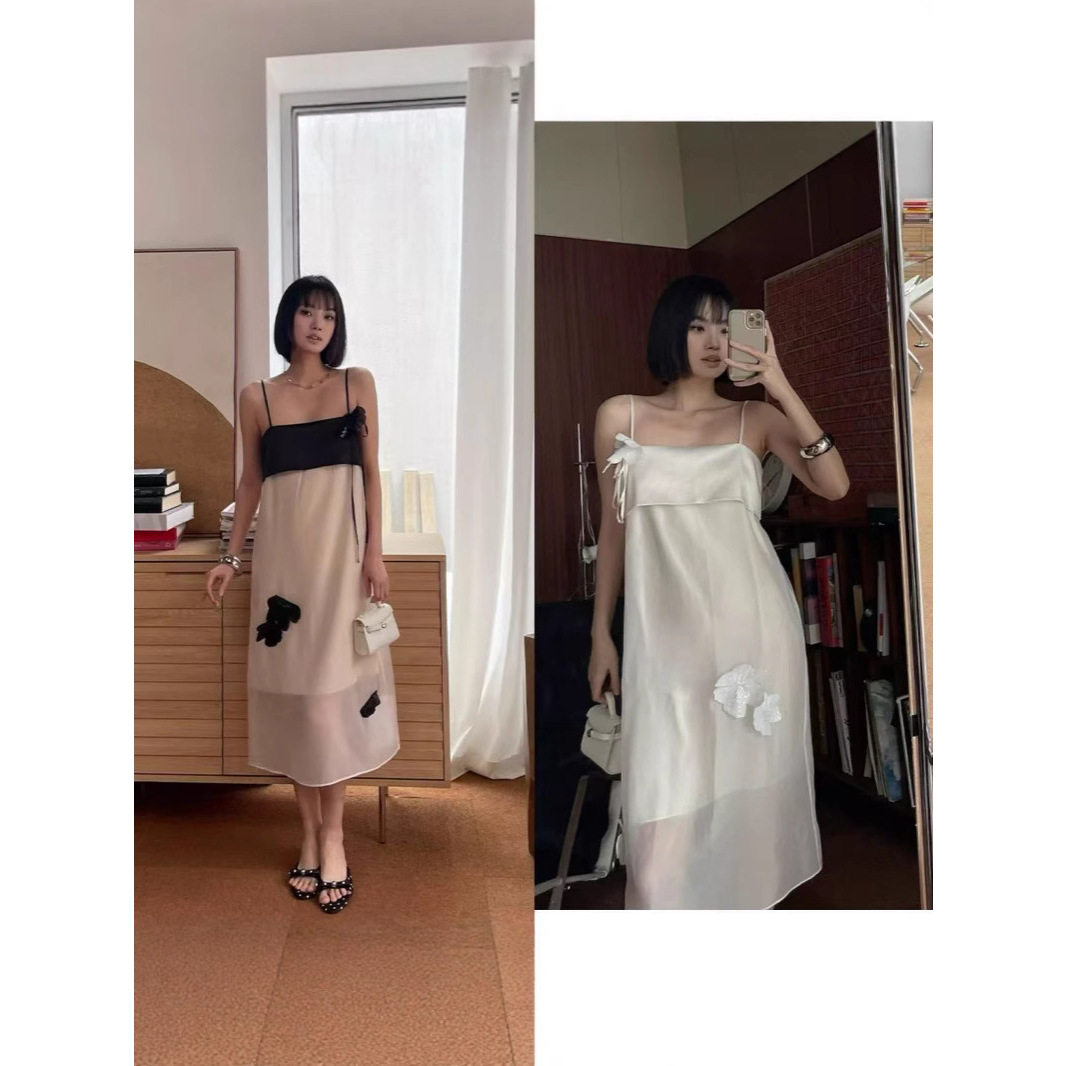 春夏新款立体花朵刺绣装饰欧根纱撞色性感吊带连衣裙女轻奢高级感