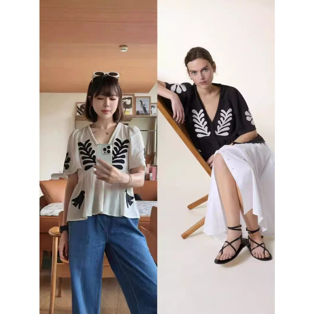 法式小众25年夏季新款复古撞色立领刺绣V领喇叭袖套头衬衫女32019