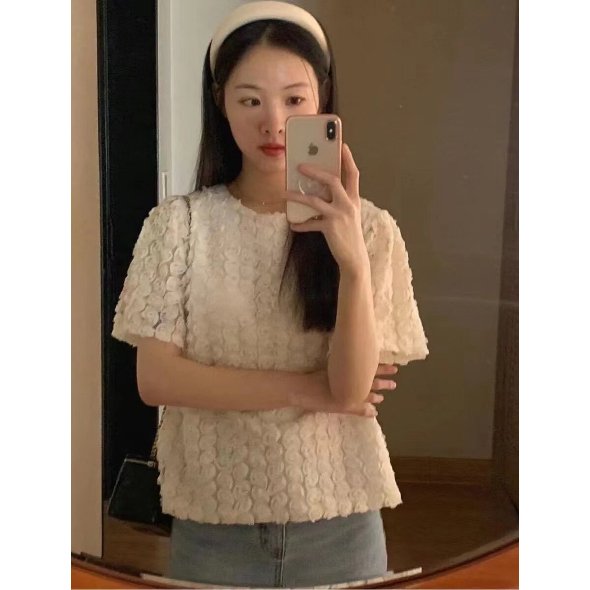 小众设计感玫瑰花上衣女春夏新款立体花朵短袖圆领衬衫t恤高级感