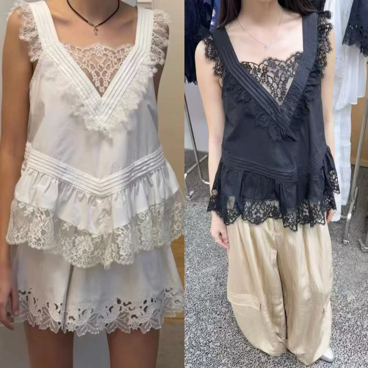 maSande法式小众26春夏新款甜美蕾丝拼接V领无袖背心衬衫+高腰半