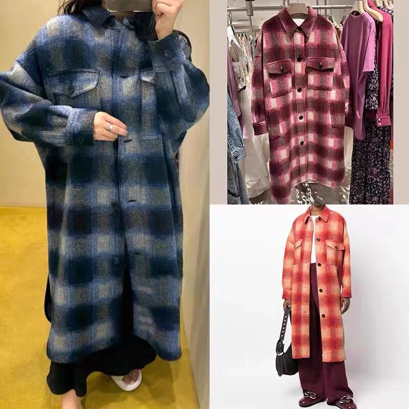 法式羊毛格纹外套翻领单排扣长款大衣慵懒风宽松加厚羊毛格子外套