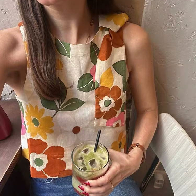 法式无袖小背心25年新款复古甜美彩色花朵印花无袖衬衫绑带背心女