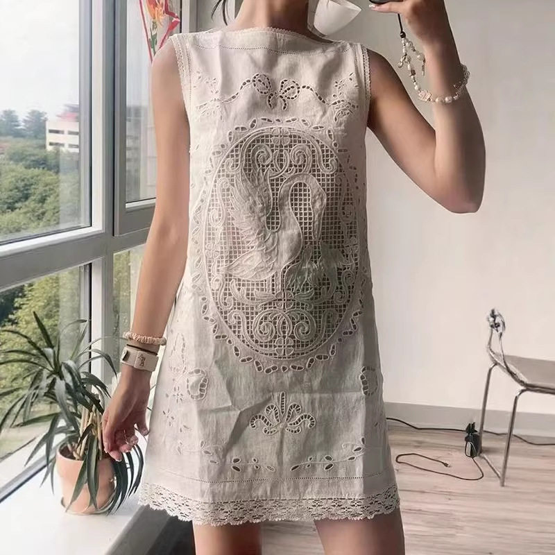 maSande法式连衣裙复古精致一字领无袖重工天鹅镂空刺绣蕾丝花边
