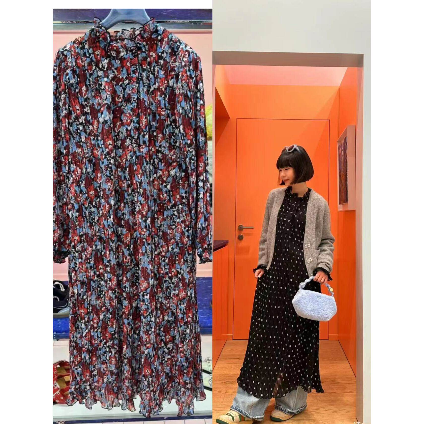 长袖碎花裙女高个子荷叶边高领迷袖压褶宽松连衣裙长袖连衣裙新款