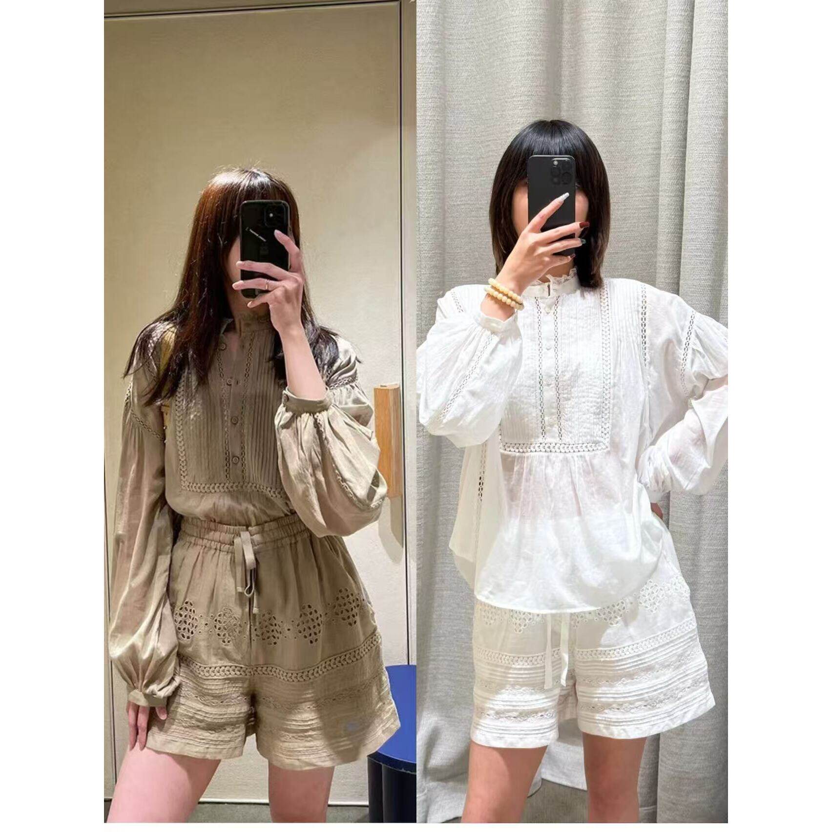 2025春夏新款甜美蕾丝花边拼接褶皱镂空灯笼袖衬衫女法式上衣衬衣