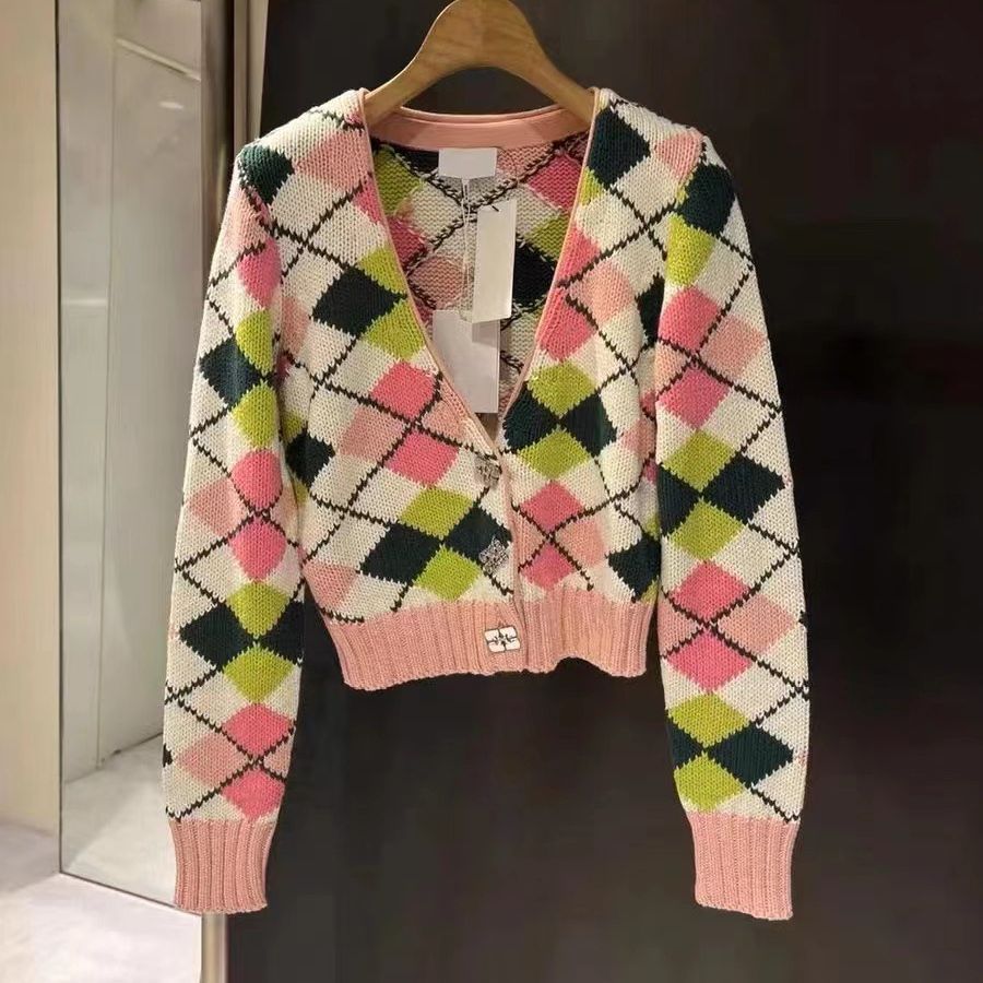 条纹小香风针织开衫女外套拼色格纹V领修身长袖针织衫高级感新款