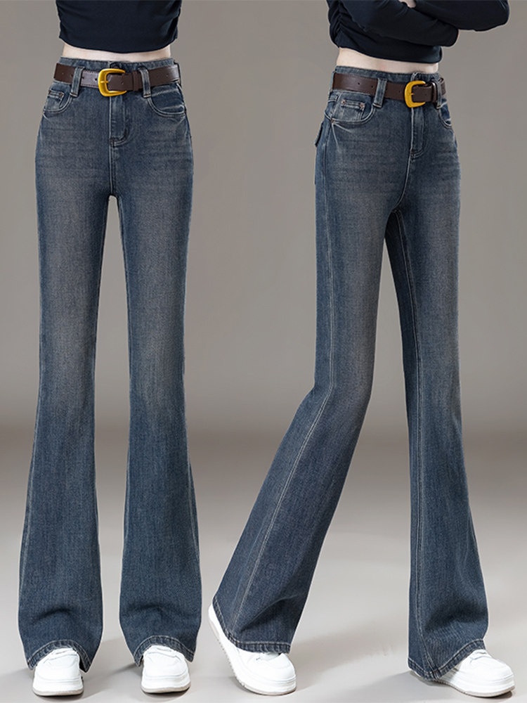 2025新款秋冬修身九分微喇牛仔裤女茶蓝色复古高腰弹力显瘦长裤子