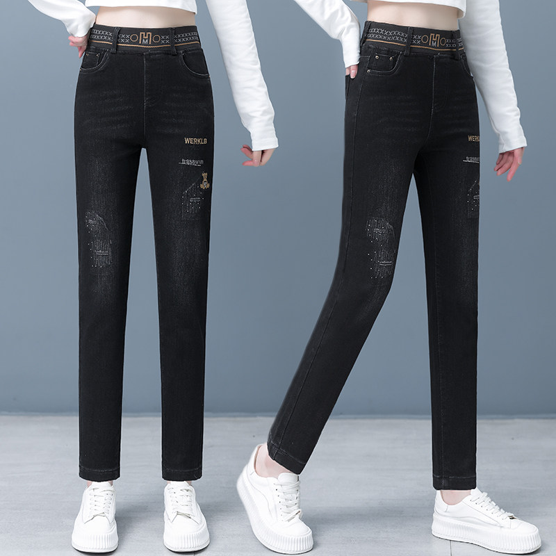 松紧高腰牛仔小脚裤女2025春秋新品时尚高端刺绣紧身显瘦铅笔裤潮