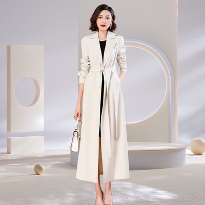 2025春秋季女士风衣外套时尚修身双排扣长款过膝简约休闲轻奢大衣