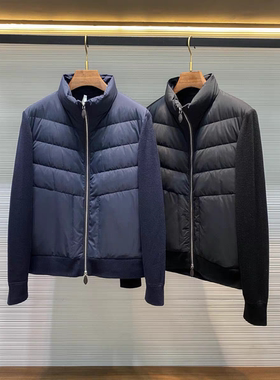 老钱风男款秋冬时装休闲绵羊毛针织袖拼接防风防水立领羽绒服外套