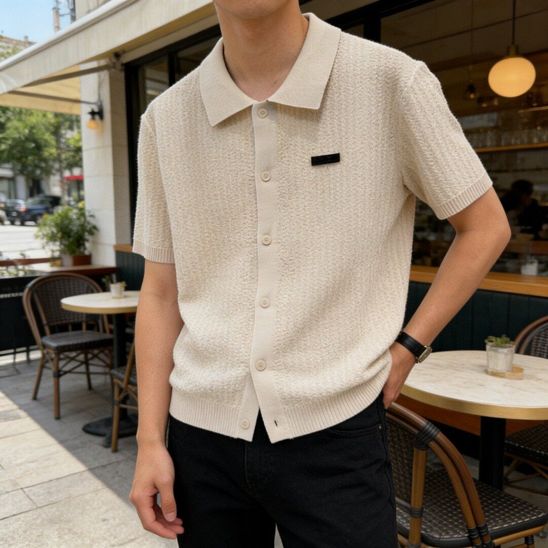 意式老钱风男装夏季短袖高级感提花镂空翻领T恤半袖薄款毛衣外套t