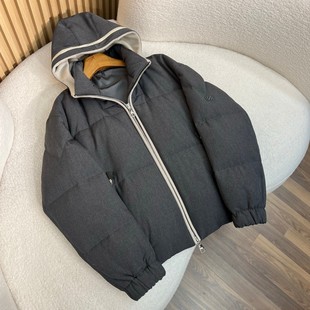 意式ZZ老钱风男款时装羊毛混纺面料拼接连帽90白鸭绒羽绒服外套