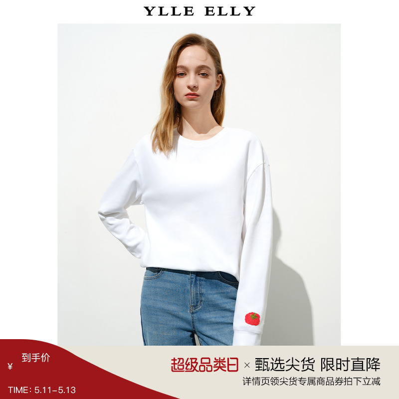 YLLE ELLY圆领长袖T恤秋季新品刺绣不规则下摆宽松棉休闲卫衣