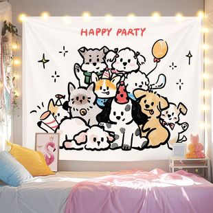 ins新款可爱卡通猫咪狗狗儿童房挂布卧室墙面装饰创意背景布挂毯