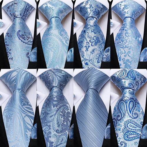 Light Blue Paisley Striped Silk Ties For Men Handkerchief Cu
