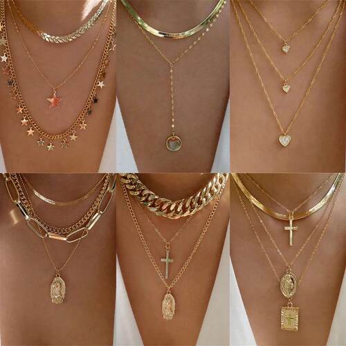 Gold Color Heart-Shaped Necklace For Women Trendy Multi-Laye