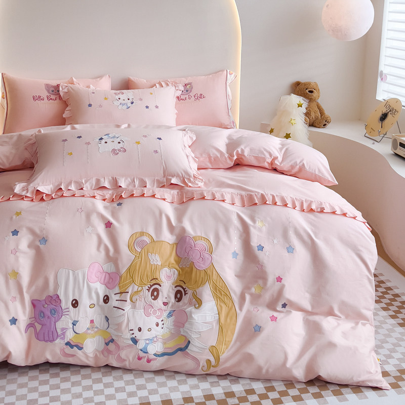 公主风全棉四件套纯棉可爱卡通床单被套床笠三件套男女孩床上用品