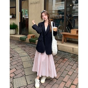 MM谢谢家大码女装廓形黑色西装外套+高腰显瘦a字半身裙套装设计感