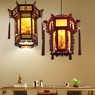 中式实木仿古吊灯餐厅吧台茶楼酒店长廊灯笼火锅店木艺羊皮灯国潮
