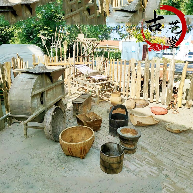 民俗老物件竹篮子小簸箕手工编织工具风箱织布机怀旧装饰道具摆件图片