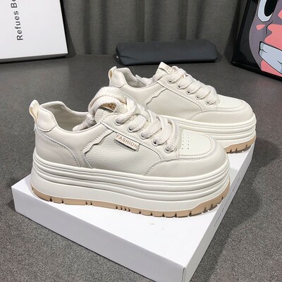 真皮小白鞋女2025春新款头层牛皮圆G头厚底松糕小个子增高休闲板