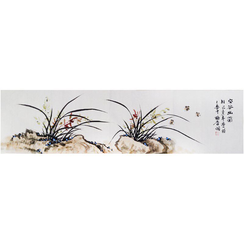 纯手绘中国画 床头客厅茶社书房 手工写意画心横幅对开兰花兰石图