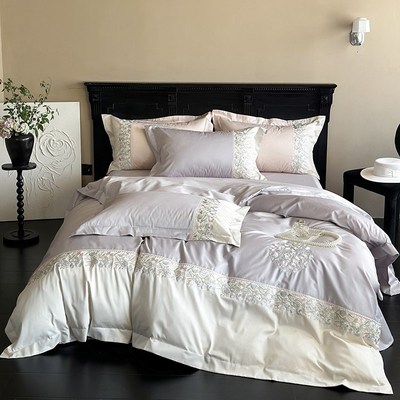 高精密刺绣100支新疆长绒棉床上四件套全棉纯棉浅紫灰被套床单款