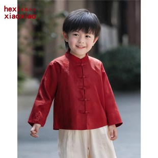宝宝周岁衣服男童新中式生日礼服春夏款唐装长袖幼儿园演出服红色
