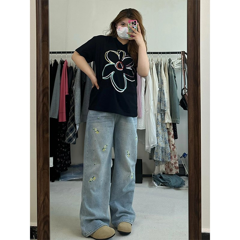 300斤胖mm大码女装碎花刺绣牛仔裤女夏季显瘦镶钻裤子宽松阔腿裤