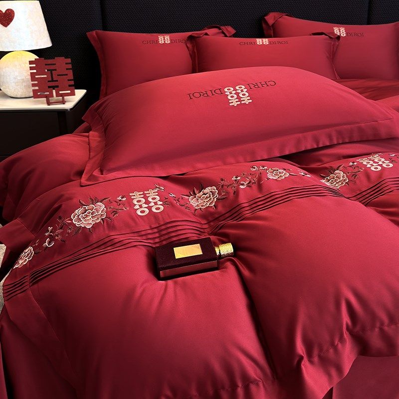 新中式全棉结婚四件套红色花卉高端刺绣婚庆被套婚房床上用品床笠