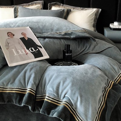 轻奢风冬季加厚超柔婴儿绒高端纯色简约刺绣被套床单1.8m床上用品