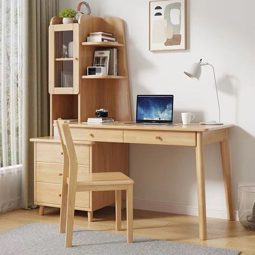 实木书桌可伸缩书桌书架书柜一体桌组合学习桌家用学生书桌电脑桌