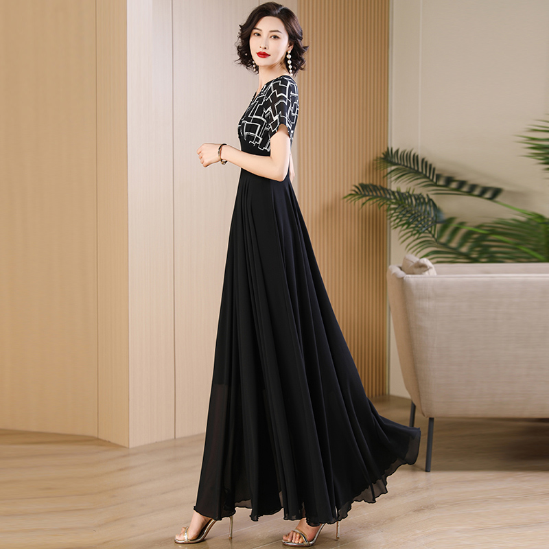 夏季黑色雪纺拼接连衣裙女长款2025新款高级感气质减龄显瘦假两件