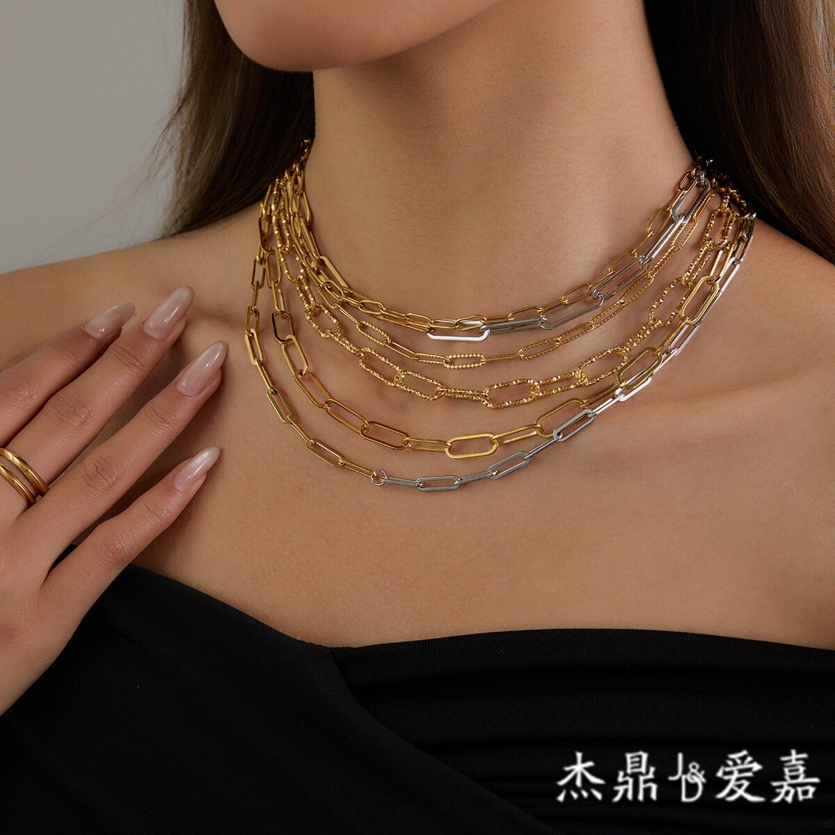 杰鼎欧美不锈钢链条钛钢不易掉色项链女小众感配饰轻奢饰品