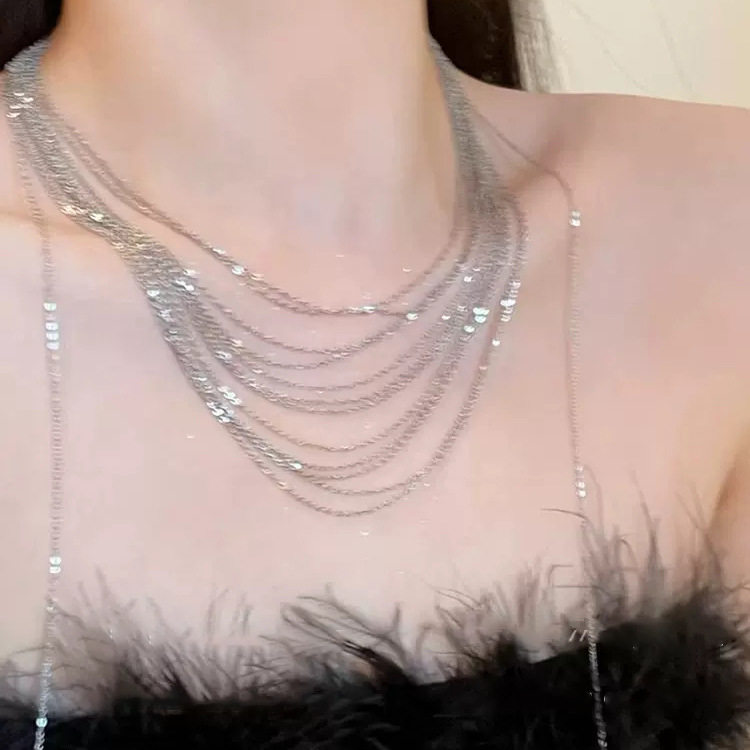 欧美choker项链网红奢华多层长款流苏细链条颈链礼服宴会配饰